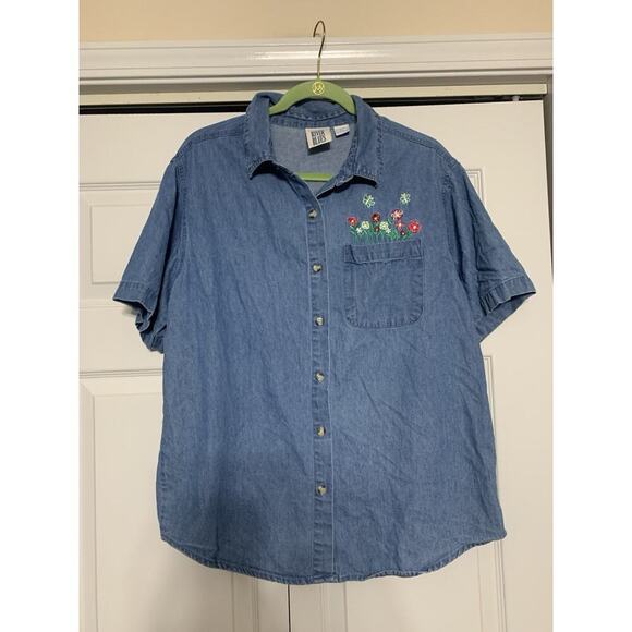 Vintage Mississippi River Blues Floral & Butterfly Embroidered Denim Top L - Picture 3 of 6